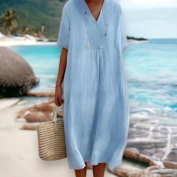 Stylish V-neck Linen Dress for Summer, Women's Trendy Fashion, Short Sleeve, Casual Loose Fit, Comfortable Chic Look, Cotton Linen Apparel.