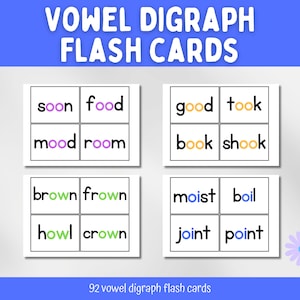 Tarjetas didácticas de dígrafo vocal, diptongos, fonética, recursos imprimibles en el aula, jardín de infantes, grado 1, tarjetas didácticas, enseñanza de lectura