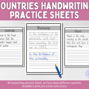 May include: Three black and white printable handwriting practice sheets for kids. Each sheet features a different country: Australia, Germany, and Nepal. The sheets include fun facts about each country, such as "Home to the Great Barrier Reef, the world's largest coral reef system" for Australia, "Is the birthplace of the automobile, with Karl Benz inventing the first car in 1885." for Germany, and "Nepal is the only country in the world that does not have a rectangular flag." for Nepal.