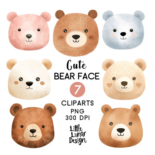 Bear PNG, Watercolor bear clipart, Cute bear face, Watercolor clip art, Bear head, Baby bear, Nursery print, Baby shower, Digital download