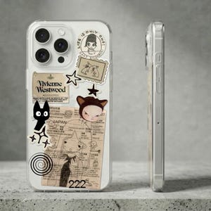 Pode incluir: Capa de telefone transparente com vários autocolantes, incluindo um gato preto, um logótipo Vivienne Westwood e um desenho de uma menina. A capa também apresenta o texto "LIFE IS ONLY ONE!" e "JAPAN".