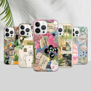Cover per telefono con collage estetico giapponese, cover con mood board carino, arte anime alla moda per iPhone 16, 15, 14, 13, 12 Pro, Plus, Samsung Galaxy S24, S23 Ultra