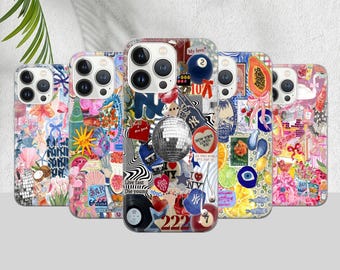 May include: Five phone cases with colorful collage designs. Each case features a unique assortment of stickers, images, and embellishments, including a disco ball, a pool ball, and the text "NEW YORK LOVES YOU".