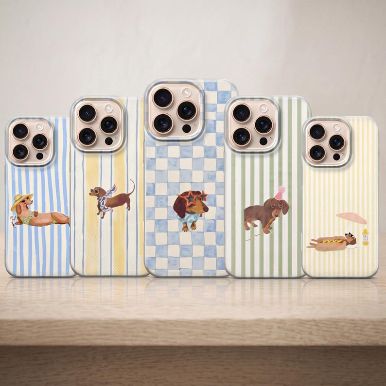 May include: Five phone cases with dachshund illustrations. The cases feature various patterns, including blue and white stripes, yellow and white stripes, a blue and white checkerboard, and green and white stripes. Each case has a different dachshund design.