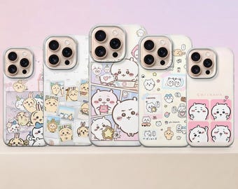 May include: A collection of six phone cases with various cartoon character designs. The cases feature a range of colors, including pink, white, and pastel hues. Each case has a different design, with some featuring comic strip layouts.