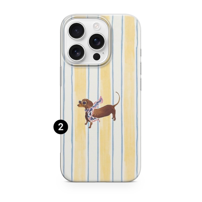May include: Clear phone case with a vertical striped pattern in yellow and blue. A brown dachshund wearing sunglasses and a patterned scarf is featured on the case. The number 2 is printed in black on the bottom left.