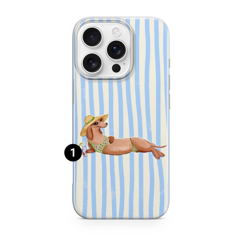 May include: A clear phone case with a blue and white striped background. The case features a watercolor illustration of a dachshund wearing a sun hat and bikini, lounging with a drink. The phone case is designed for a smartphone.