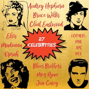 Afdrukbare silhouet snijden bestanden van 27 beroemdheden, Cricut, Clint Eastwood, Marilyn Monroe, Elvis, Madonna, Sylvester Stallone, png, jpg, pdf