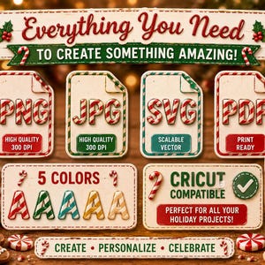 Op de afbeelding: Feestelijke digitale ontwerpelementen voor vakantieprojecten. Bevat PNG-, JPG-, SVG- en PDF-bestandsformaten, met 5 kleuropties. De afbeelding bevat de tekst "Everything You Need To Create Something Amazing!" en "Cricut Compatible".