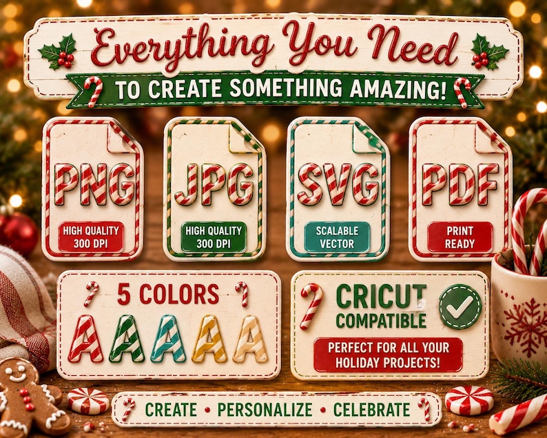 Op de afbeelding: Feestelijke digitale ontwerpelementen voor vakantieprojecten. Bevat PNG-, JPG-, SVG- en PDF-bestandsformaten, met 5 kleuropties. De afbeelding bevat de tekst "Everything You Need To Create Something Amazing!" en "Cricut Compatible".