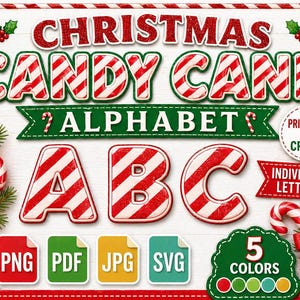 Op de afbeelding: Een feestelijke kerstafbeelding met de woorden "CHRISTMAS CANDY CANE ALPHABET" in rood en wit snoepstoklettertype. De letters A, B en C zijn ook ontworpen als snoepstokken. Inclusief pictogrammen voor afdrukbare formaten en kleuropties.