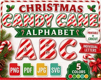 Alfabeto de Bengala Doce: Letras de Natal para Imprimir (PNG, JPG, PDF)