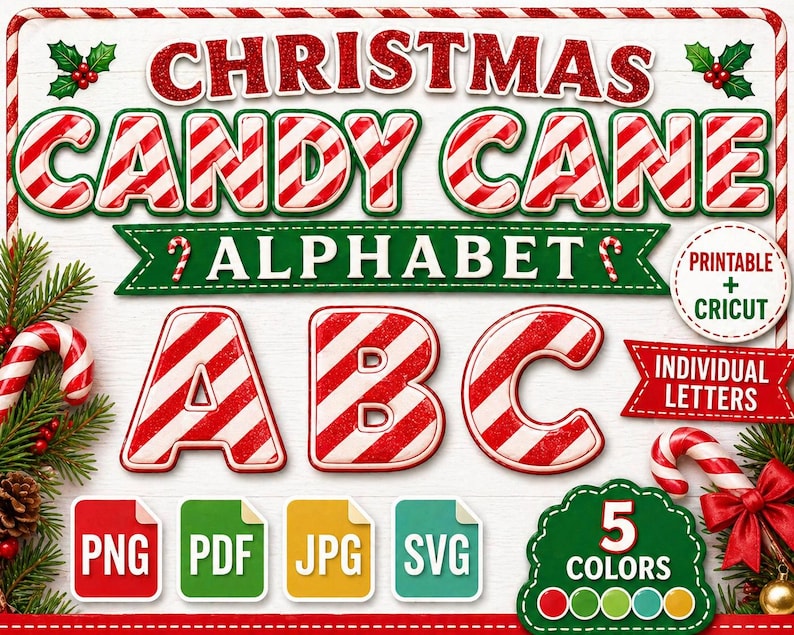 Op de afbeelding: Een feestelijke kerstafbeelding met de woorden "CHRISTMAS CANDY CANE ALPHABET" in rood en wit snoepstoklettertype. De letters A, B en C zijn ook ontworpen als snoepstokken. Inclusief pictogrammen voor afdrukbare formaten en kleuropties.