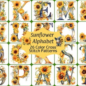 Könnte beinhalten: Ein Satz von 26 Alphabetbuchstaben, die mit Sonnenblumen und anderen floralen Elementen verziert sind. Die Buchstaben sind in einem Blau- und Goldfarbschema gehalten. Der Text "Sunflower Alphabet 26 Color Cross Stitch Patterns" wird in einem gelben Banner angezeigt.