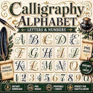 Pode incluir: Imagem decorativa de um alfabeto de caligrafia com letras e n&uacute;meros. O design inclui enfeites florais em verde, dourado e azul. As palavras "Calligraphy ALPHABET LETTERS & NUMBERS" est&atilde;o no topo. Inclui "PNG IMAGES" e "INSTANT DOWNLOAD".