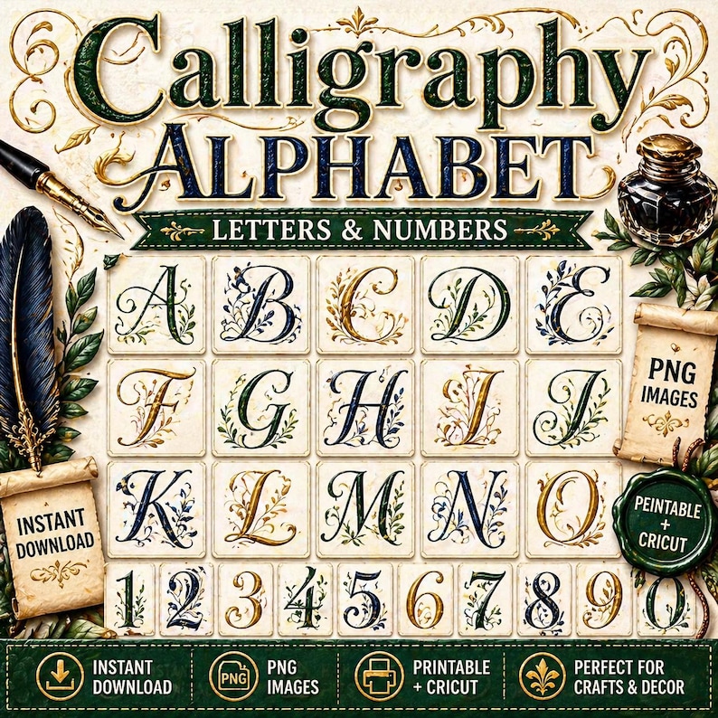 Pode incluir: Imagem decorativa de um alfabeto de caligrafia com letras e n&uacute;meros. O design inclui enfeites florais em verde, dourado e azul. As palavras "Calligraphy ALPHABET LETTERS & NUMBERS" est&atilde;o no topo. Inclui "PNG IMAGES" e "INSTANT DOWNLOAD".