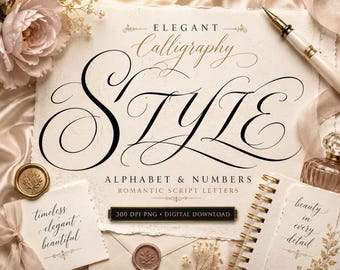 May include: Elegant calligraphy style design with the word "STYLE" in large black script. The image includes the words "ALPHABET & NUMBERS" and "ROMANTIC SCRIPT LETTERS". Additional elements include a pen, a notebook, and floral accents.