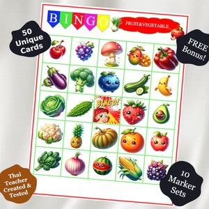 BINGO de frutas y verduras para imprimir: 50 cartas de juego únicas + 10 juegos de mercado + bonificación: plátano, manzana, uva, zanahoria, tomate, brócoli y más