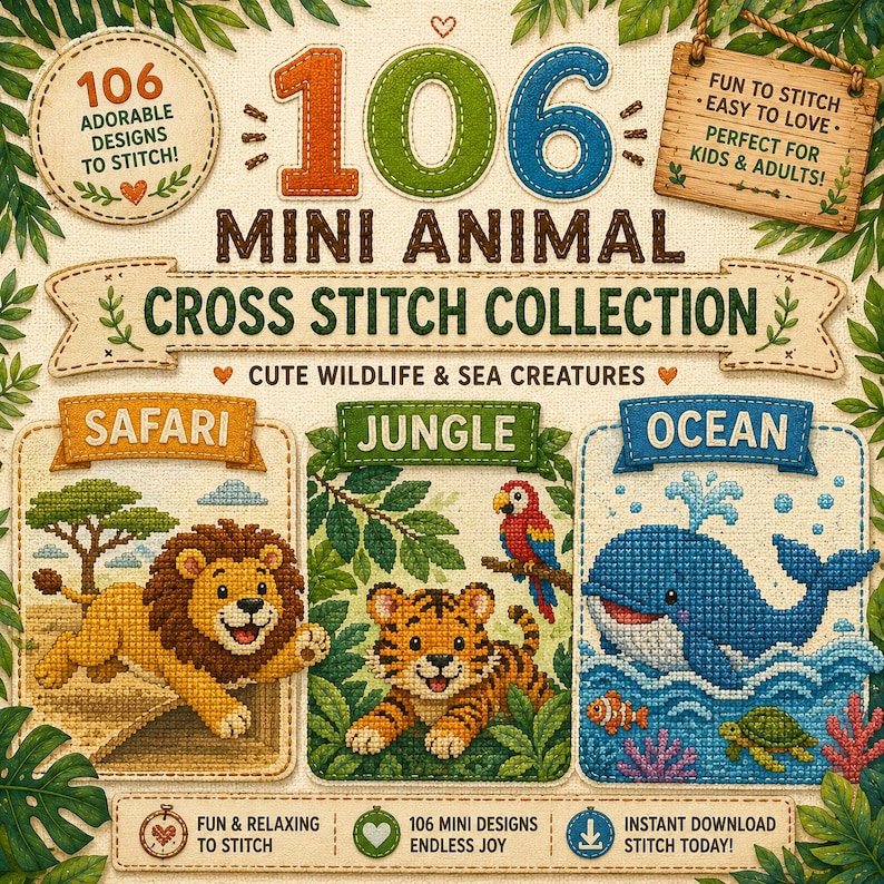 May include: A cross-stitch collection with 106 mini animal designs. The image displays a lion, tiger, and whale, with the words "Safari", "Jungle", and "Ocean". Text includes "Adorable Designs to Stitch!" and "Fun to Stitch - Easy to Love - Perfect for Kids & Adults!"