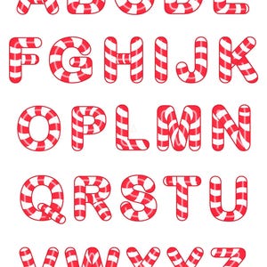 Op de afbeelding: Een volledig alfabet in rood-witte zuurstokletters. De letters zijn in een vet, afgerond lettertype, ideaal voor kerstknutselwerkjes. De afbeelding bevat de tekst "Christmas Candy Cane Alphabet" en "CRICUT & PRINTABLE: PNG, JPG, PDF."