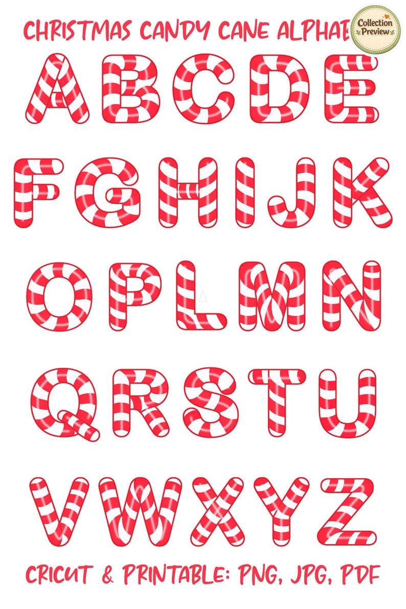 Op de afbeelding: Een volledig alfabet in rood-witte zuurstokletters. De letters zijn in een vet, afgerond lettertype, ideaal voor kerstknutselwerkjes. De afbeelding bevat de tekst "Christmas Candy Cane Alphabet" en "CRICUT & PRINTABLE: PNG, JPG, PDF."