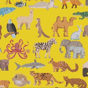 May include: A yellow background features pixelated illustrations of diverse animals. Animals such as a deer, eagle, zebra, elephant, and panda are visible. The animals are depicted in various colours, including brown, white, black, and yellow.