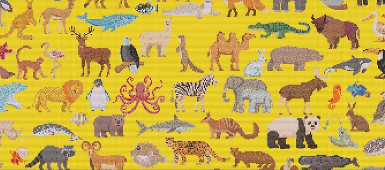 May include: A yellow background features pixelated illustrations of diverse animals. Animals such as a deer, eagle, zebra, elephant, and panda are visible. The animals are depicted in various colours, including brown, white, black, and yellow.