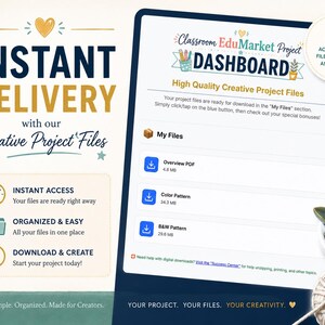 Op de afbeelding: Advertentie voor digitale creatieve projectbestanden met de tekst 'Directe levering'. De afbeelding toont een tablet met een dashboard met downloadbare bestanden. Op de achtergrond een vetplant en een bol touw. De tekst luidt 'Classroom EduMarket Project Dashboard'.