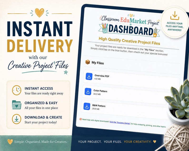 Op de afbeelding: Advertentie voor digitale creatieve projectbestanden met de tekst 'Directe levering'. De afbeelding toont een tablet met een dashboard met downloadbare bestanden. Op de achtergrond een vetplant en een bol touw. De tekst luidt 'Classroom EduMarket Project Dashboard'.
