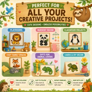 May include: A promotional graphic for creative projects, showcasing cross-stitch animal designs including a lion, panda, penguin, fox, chameleon, and turtle. Text reads "Perfect for All Your Creative Projects!" and "Cute Designs &bull; Endless Possibilities."