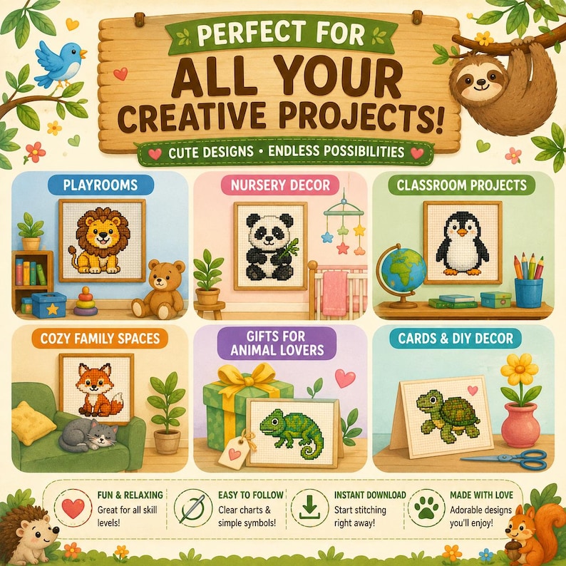 May include: A promotional graphic for creative projects, showcasing cross-stitch animal designs including a lion, panda, penguin, fox, chameleon, and turtle. Text reads "Perfect for All Your Creative Projects!" and "Cute Designs &bull; Endless Possibilities."