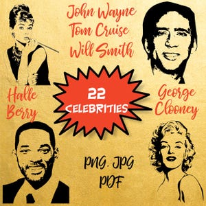 Może przedstawiać: Cyfrowy plik do pobrania zawierający 22 czarno-białych portretów gwiazd. Wśród nich znajdują się John Wayne, Tom Cruise, Will Smith, Halle Berry, George Clooney i wielu innych. Formaty plików: PNG, JPG i PDF.