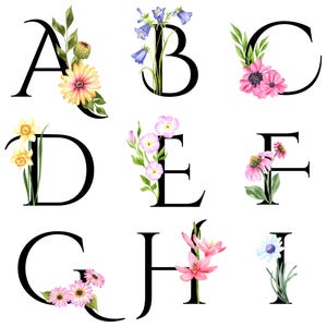 May include: Floral alphabet letters A through I with watercolour flowers and leaves. The letters are black and the flowers are in shades of pink, blue, yellow, and white.