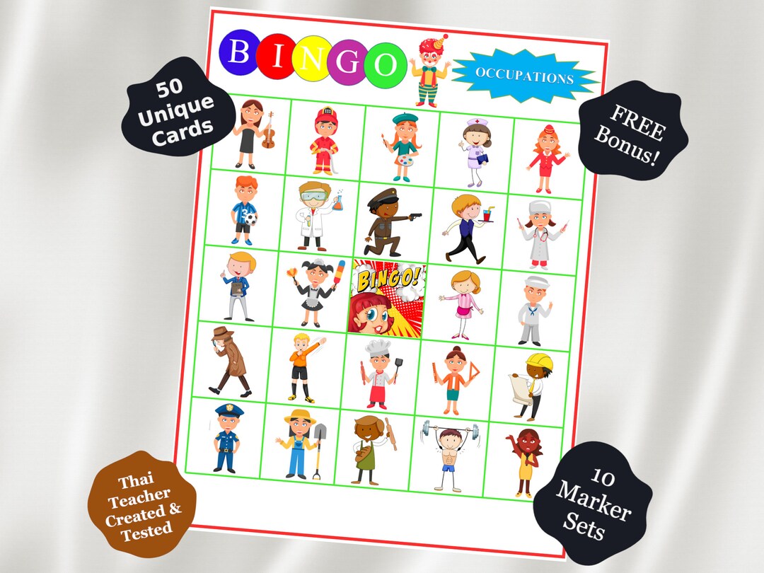 Printable Occupation BINGO 50 Unique Playing Cards 10 Market Sets Bonus Police, Construction ...