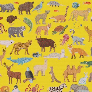 May include: A yellow background featuring a pixelated illustration of numerous animals. The image showcases a diverse array of creatures, including a giraffe, bear, fox, and whale. The animals are depicted in a colourful, blocky style.