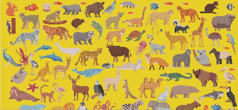 May include: A yellow background featuring a pixelated illustration of numerous animals. The image showcases a diverse array of creatures, including a giraffe, bear, fox, and whale. The animals are depicted in a colourful, blocky style.