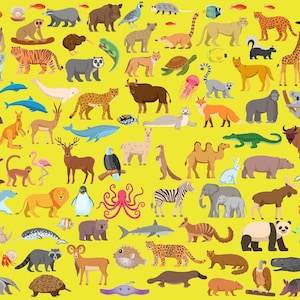 May include: A vibrant illustration of various cartoon animals set against a yellow backdrop. The image features a diverse range of creatures, including mammals, birds, and fish, such as a tiger, giraffe, and panda. The image has a "Collection Preview" label.