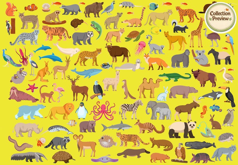 May include: A vibrant illustration of various cartoon animals set against a yellow backdrop. The image features a diverse range of creatures, including mammals, birds, and fish, such as a tiger, giraffe, and panda. The image has a "Collection Preview" label.