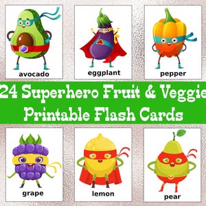 24 tarjetas didácticas imprimibles de frutas y verduras de superhéroes, tarjetas didácticas de nomenclatura Montessori o tarjetas de 3 partes, PDF y JPG, 300 dpi