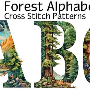 Alfabeto de punto de cruz con bosque, 26 patrones en PDF, patrón imprimible, monogramas, cartas de colores, guía DMC, árboles, montañas, sol, ríos, naturaleza