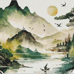 3 Japanische Kunst Kreuzstich Muster, japanische druckbare PDF-Muster, 2 Arten von Karten, DMC, Berge, Seen, Boote, Kirschblüten