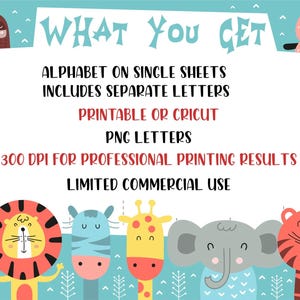 Pode incluir: Um gr&aacute;fico de download digital com o texto "WHAT YOU GET" e detalhes sobre o alfabeto em folhas individuais, incluindo letras separadas. A imagem tamb&eacute;m afirma que &eacute; imprim&iacute;vel ou para Cricut, letras PNG, 300 DPI para resultados de impress&atilde;o profissionais e uso comercial limitado. A imagem tem animais de desenho animado.