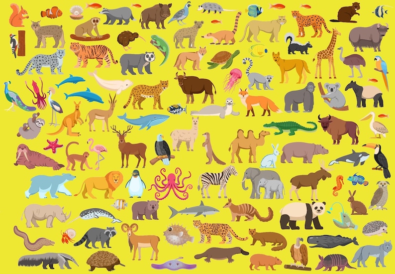May include: A bright yellow background showcases a collection of illustrated animals. The image features a variety of creatures, including mammals, birds, fish, and reptiles, creating a colourful and educational display of wildlife.