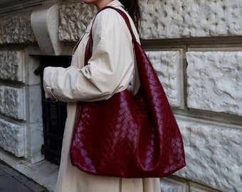 Burgundy Red Vegan Leather Knitted Detail Shoulder Bag, Handmade Vintage Bag, Large Handbag, Cherry Red Shoulder Bag, Wine Red Crocodile Bag