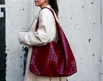 Burgundy Red Vegan Leather Knitted Detail Shoulder Bag, Handmade Vintage Bag, Large Handbag, Cherry Red Shoulder Bag, Wine Red Crocodile Bag