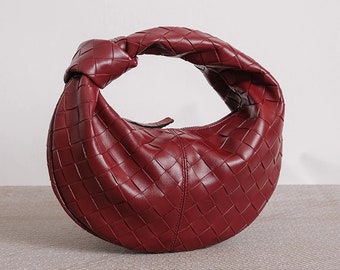 Dumpling Leather Bag in Burgundy, Vegan Leather Braided Bag With Knotted Handle, Half Moon Bag, Red Vintage Handbag, Crescent bag, Y2k Bag