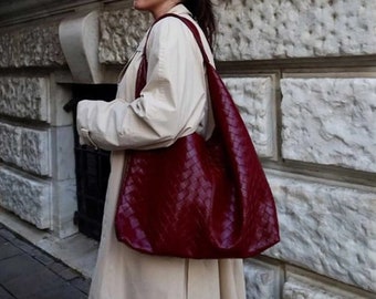 Burgundy Red Vegan Leather Knitted Detail Shoulder Bag, Handmade Vintage Bag, Large Handbag, Cherry Red Shoulder Bag, Vegan Leather Bag