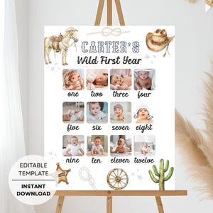 Cowboy Western Birthday Milestone Picture sign template First year photo milestone western theme editable poster First Rodeo Milestone photo