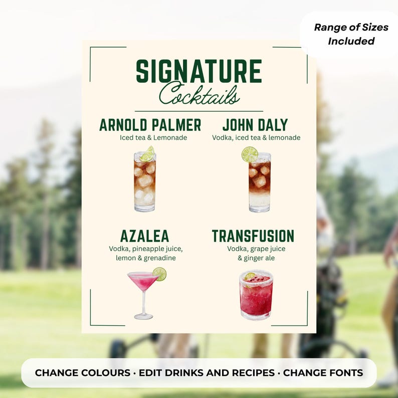 Editable Golf Theme Signature Cocktails Menu Sign Mens Golf Birthday ...