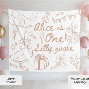Idée personnalisée de bannière de fête d'anniversaire pour le 1er anniversaire de One Silly Goose, thème de l'oie pour filles, décoration de fête d'anniversaire